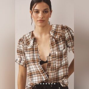 Pilcro Brown and White Puff Sleeve Button Down Shirt